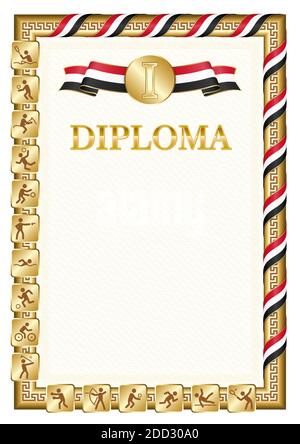 Diplôme vertical pour la première place dans une compétition sportive, couleur dorée avec un ruban la couleur du drapeau du Yémen. Image vectorielle. Illustration de Vecteur