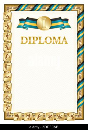 Diplôme vertical pour la première place dans une compétition sportive, couleur dorée avec un ruban la couleur du drapeau des Bahamas. Image vectorielle. Illustration de Vecteur
