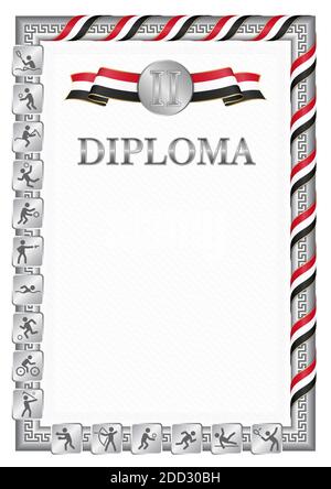 Diplôme vertical pour la deuxième place dans une compétition sportive, couleur argent avec un ruban la couleur du drapeau du Yémen. Image vectorielle. Illustration de Vecteur