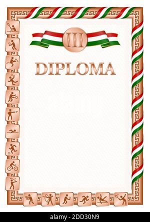 Diplôme vertical pour troisième place dans une compétition sportive, couleur bronze avec un ruban la couleur du drapeau du Tadjikistan. Image vectorielle. Illustration de Vecteur