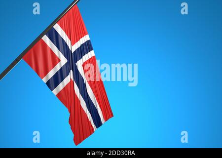 Illustration 3D du drapeau national de la Norvège sur un mât métallique qui flotte contre le symbole bleu ciel.pays. Banque D'Images