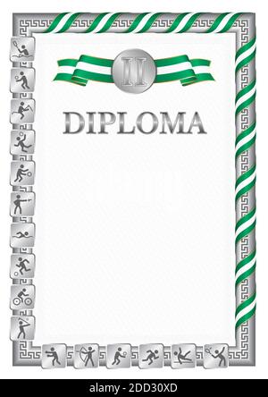 Diplôme vertical pour la deuxième place dans une compétition sportive, couleur argent avec un ruban la couleur du drapeau du Nigeria. Image vectorielle. Illustration de Vecteur