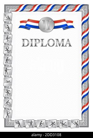 Diplôme vertical pour la deuxième place dans une compétition sportive, couleur argent avec un ruban la couleur du drapeau du Paraguay. Image vectorielle. Illustration de Vecteur