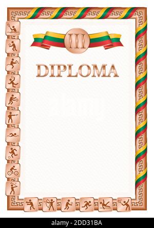 Diplôme vertical pour troisième place dans une compétition sportive, couleur bronze avec un ruban la couleur du drapeau de Lituanie. Image vectorielle. Illustration de Vecteur