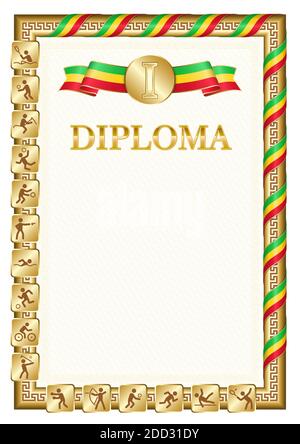 Diplôme vertical pour la première place dans une compétition sportive, couleur dorée avec un ruban la couleur du drapeau du Mali. Image vectorielle. Illustration de Vecteur