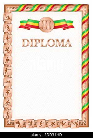 Diplôme vertical pour troisième place dans une compétition sportive, couleur bronze avec un ruban la couleur du drapeau du Mali. Image vectorielle. Illustration de Vecteur