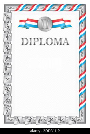 Diplôme vertical pour la deuxième place dans une compétition sportive, couleur argent avec un ruban la couleur du drapeau du Luxembourg. Image vectorielle. Illustration de Vecteur