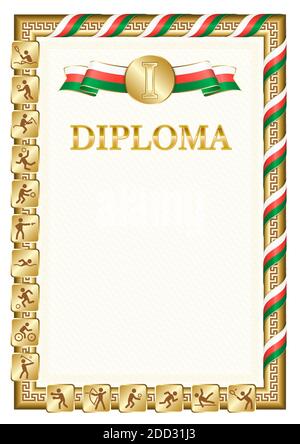 Diplôme vertical pour la première place dans une compétition sportive, couleur dorée avec un ruban la couleur du drapeau de Madagascar. Image vectorielle. Illustration de Vecteur