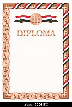 Diplôme vertical pour troisième place dans une compétition sportive, couleur bronze avec un ruban la couleur du drapeau de l'Irak. Image vectorielle. Illustration de Vecteur