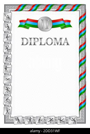 Diplôme vertical pour la deuxième place dans une compétition sportive, couleur argent avec un ruban la couleur du drapeau de Carélie. Image vectorielle. Illustration de Vecteur