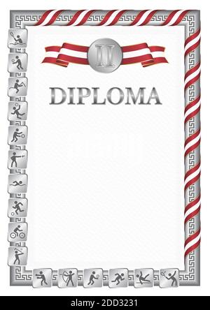 Diplôme vertical pour la deuxième place dans une compétition sportive, couleur argent avec un ruban la couleur du drapeau de la Lettonie. Image vectorielle. Illustration de Vecteur