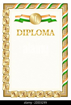 Diplôme vertical pour la première place dans une compétition sportive, couleur dorée avec un ruban la couleur du drapeau de l'Inde. Image vectorielle. Illustration de Vecteur