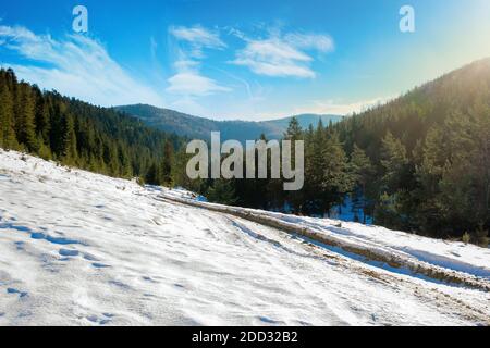 campagne carpathienne par une belle journée d'hiver. beau paysage rural montagneux. route à travers la neige couvert prairie parmi la forêt d'épicéa sur la colline Banque D'Images