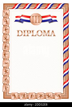 Diplôme vertical pour la troisième place dans une compétition sportive, couleur bronze avec un ruban la couleur du drapeau de la Croatie. Image vectorielle. Illustration de Vecteur