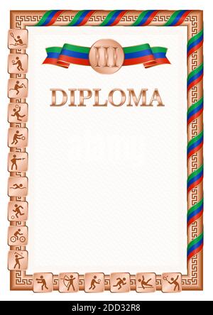 Diplôme vertical pour troisième place dans une compétition sportive, couleur bronze avec un ruban la couleur du drapeau du Dagestan. Image vectorielle. Illustration de Vecteur