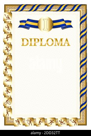Diplôme vertical pour la première place dans une compétition sportive, couleur dorée avec un ruban la couleur du drapeau de la Barbade. Image vectorielle. Illustration de Vecteur