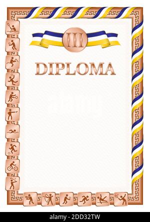 Diplôme vertical pour troisième place dans une compétition sportive, couleur bronze avec un ruban la couleur du drapeau de Buryatia. Image vectorielle. Illustration de Vecteur