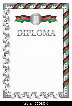 Diplôme vertical pour la deuxième place dans une compétition sportive, couleur argent avec un ruban la couleur du drapeau de l'Afghanistan. Image vectorielle. Illustration de Vecteur