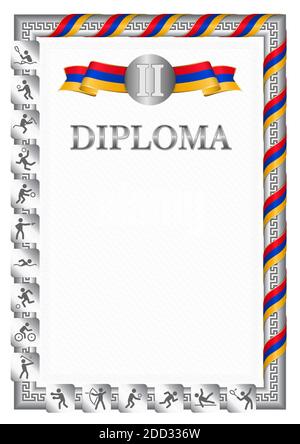 Diplôme vertical pour la deuxième place dans une compétition sportive, couleur argent avec un ruban la couleur du drapeau de l'Arménie. Image vectorielle. Illustration de Vecteur