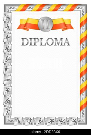 Diplôme vertical pour la deuxième place dans une compétition sportive, couleur argent avec un ruban la couleur du drapeau du Bhoutan. Image vectorielle. Illustration de Vecteur