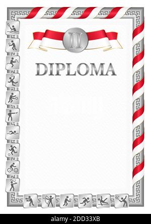 Diplôme vertical pour la deuxième place dans une compétition sportive, couleur argent avec un ruban la couleur du drapeau de Monaco. Image vectorielle. Illustration de Vecteur