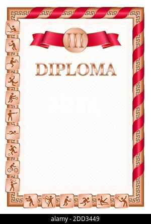 Diplôme vertical pour troisième place dans une compétition sportive, couleur bronze avec un ruban la couleur du drapeau de la Turquie. Image vectorielle. Illustration de Vecteur