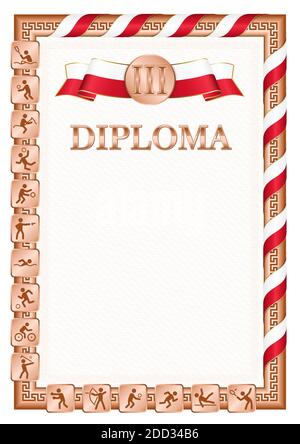 Diplôme vertical pour troisième place dans une compétition sportive, couleur bronze avec un ruban la couleur du drapeau de Bahreïn. Image vectorielle. Illustration de Vecteur