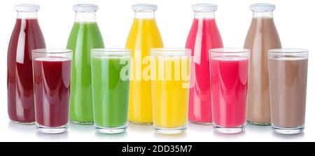 Collection de boissons jus de fruits boissons bouteille verre isolé sur fond blanc Banque D'Images