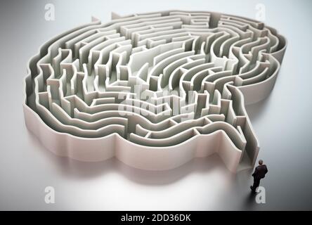 Homme d'affaires debout à l'entrée de l'illustration 3D de labyrinthe en forme de cerveau. Banque D'Images