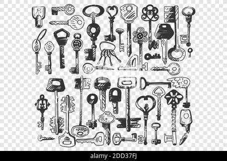 Jeu de clés. Collection de petites clés de forme différente pour l'ouverture des serrures de porte isolées sur fond transparent. Interrupteurs décoratifs de style ancien et illustration de la sécurité domestique. Illustration de Vecteur