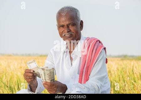 Joyeux souriant agriculteur indien comptant l'argent sur le terrain agricole tout en regardant caméra - concept de bonne récolte ou de pare-chocs de récolte, subventions agricoles et crédit Banque D'Images