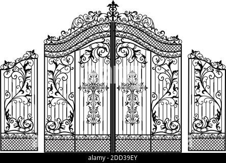 Portes en métal forgé. Esquisse. Style victorien. Forgeage artistique. Escrime.portes pour le temple, église, croix chrétienne. Entrée principale de la zone d'entrée Illustration de Vecteur