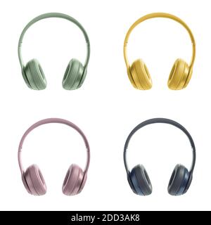 Casque sans fil vert, jaune, rose et bleu sur fond blanc isolé, article de mode, couleurs tendance, technologie, photo de produit, Banque D'Images