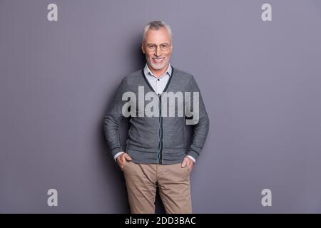 Portrait de son beau attrayant gai gai contenu affaires requin portant une tenue décontractée tenue habillée tenant les mains dans les poches isolées dessus gris Banque D'Images