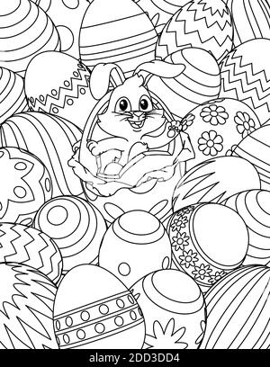 Page de livre de coloriage des oeufs de lapin de Pâques Cartoon Illustration de Vecteur