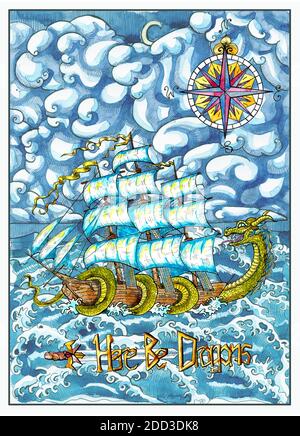 Illustration nautique aquarelle, aventure fantaisie et concept de transport vintage Banque D'Images