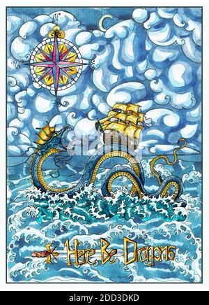 Illustration nautique aquarelle, aventure fantaisie et concept de transport vintage Banque D'Images