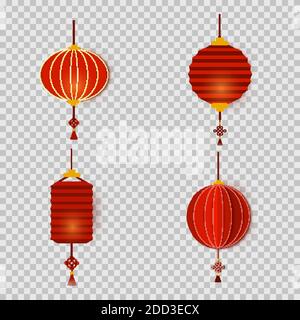 Ensemble de lanternes chinoises du nouvel an en forme de cylindre et de rond coupé en papier. Décoration asiatique pour le festival de la mi-automne, Chuseok et autres vacances Illustration de Vecteur