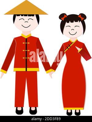 Un garçon et une fille chinois tiennent la main sur fond blanc. Une paire de costumes chinois traditionnels de couleur rouge. Eligony pour le design en papier pour le nouveau Illustration de Vecteur
