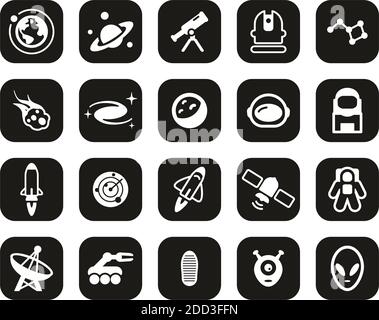 Space ou Space Mission Icons blanc sur Black Flat Design Définir grand Illustration de Vecteur
