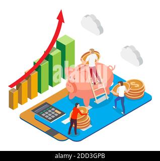 Cartes de banque isométriques avec des personnes mettant des pièces de monnaie en dollar dans la boîte de piggy, illustration vectorielle plate. Investissements financiers. Illustration de Vecteur