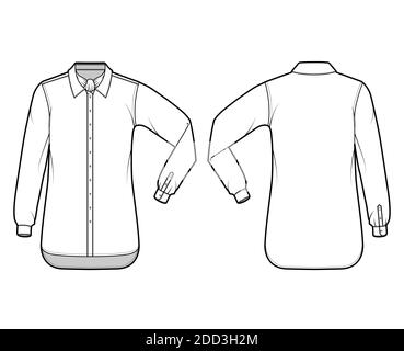 Chemise à rayures façon technique avec noeud papillon, coude à manches longues, col large boutonné. Avant et arrière du gabarit plat de couleur blanche. Femmes hommes unisexe top maquette CAD Illustration de Vecteur