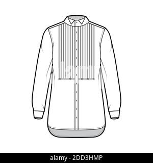 Chemise robe de smoking illustration technique de la mode avec plastron nervuré plissé, manches longues avec poignets français, col à oreilles, coupe relax. Avant du gabarit plat de couleur blanche. Femmes hommes unisexe top maquette CAD Illustration de Vecteur