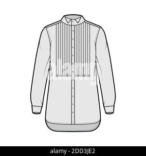 Chemise robe de smoking illustration technique de la mode avec plastron nervuré plissé, manches longues avec poignets français, col à oreilles, coupe relax. Modèle plat avant de couleur grise. Femmes hommes unisexe top maquette CAD Illustration de Vecteur