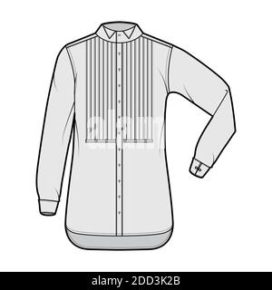 Chemise robe de smoking illustration technique de la mode avec plastron nervuré plissé, manches longues repliées au coude avec poignets français, col à oreilles. Modèle plat avant de couleur grise. Femmes hommes unisexe top CAD Illustration de Vecteur