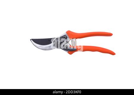 ciseaux de jardinage rouges isolés sur un fond blanc Banque D'Images