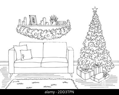 Salon graphique arbre de Noël noir blanc dessin intérieur illustration vecteur Illustration de Vecteur