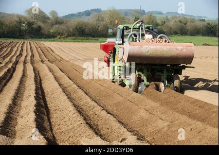 Irvillac (Bretagne, Nord-Ouest de la France): Production de graines de pomme de terre. Tracteur avec épandeur à buckSpreader Banque D'Images