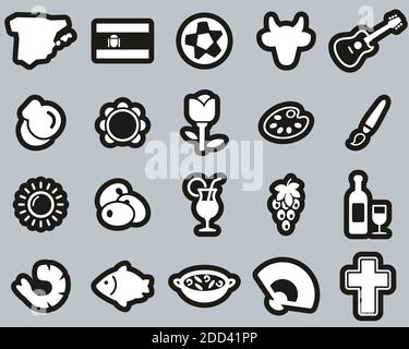 Ensemble d'autocollants icônes pays et culture d'Espagne blanc sur noir Grande Illustration de Vecteur