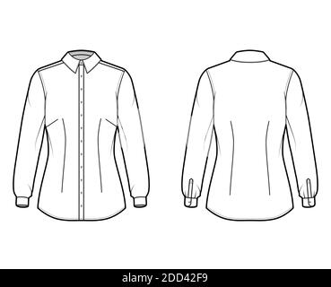 Chemise à manches longues avec poignets, coupe cintrée, fléchettes, boutons, col standard. Avant et arrière du gabarit plat de couleur blanche. Femmes hommes unisexe top mockup Illustration de Vecteur
